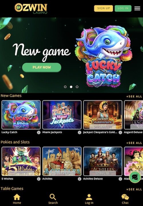 Screenshot of OzWin Casino mobile site