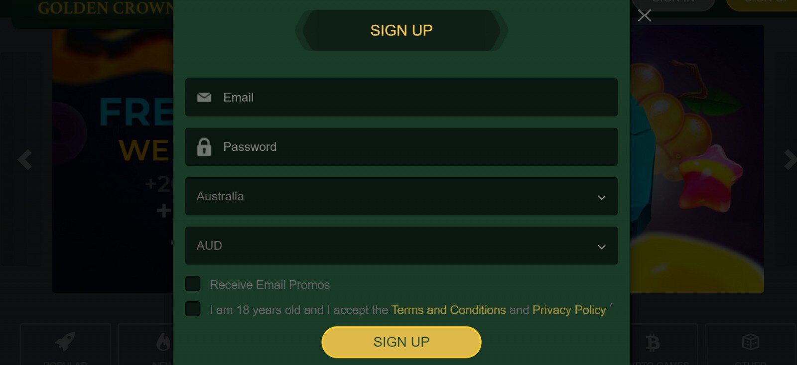 Golden Crown Casino Simple sign up form
