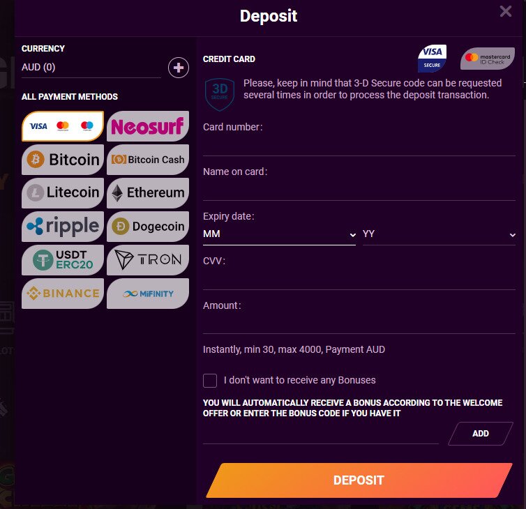 Dundeeslots Casino Deposit screen and options